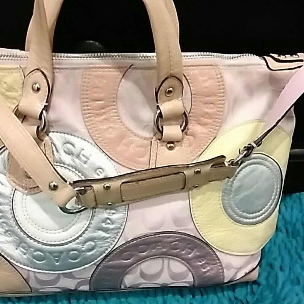 Coach Multicolor Pastel Circle Patchwork Satchel - Cream, Pink, Yellow, Lilac - Picture 3 of 8